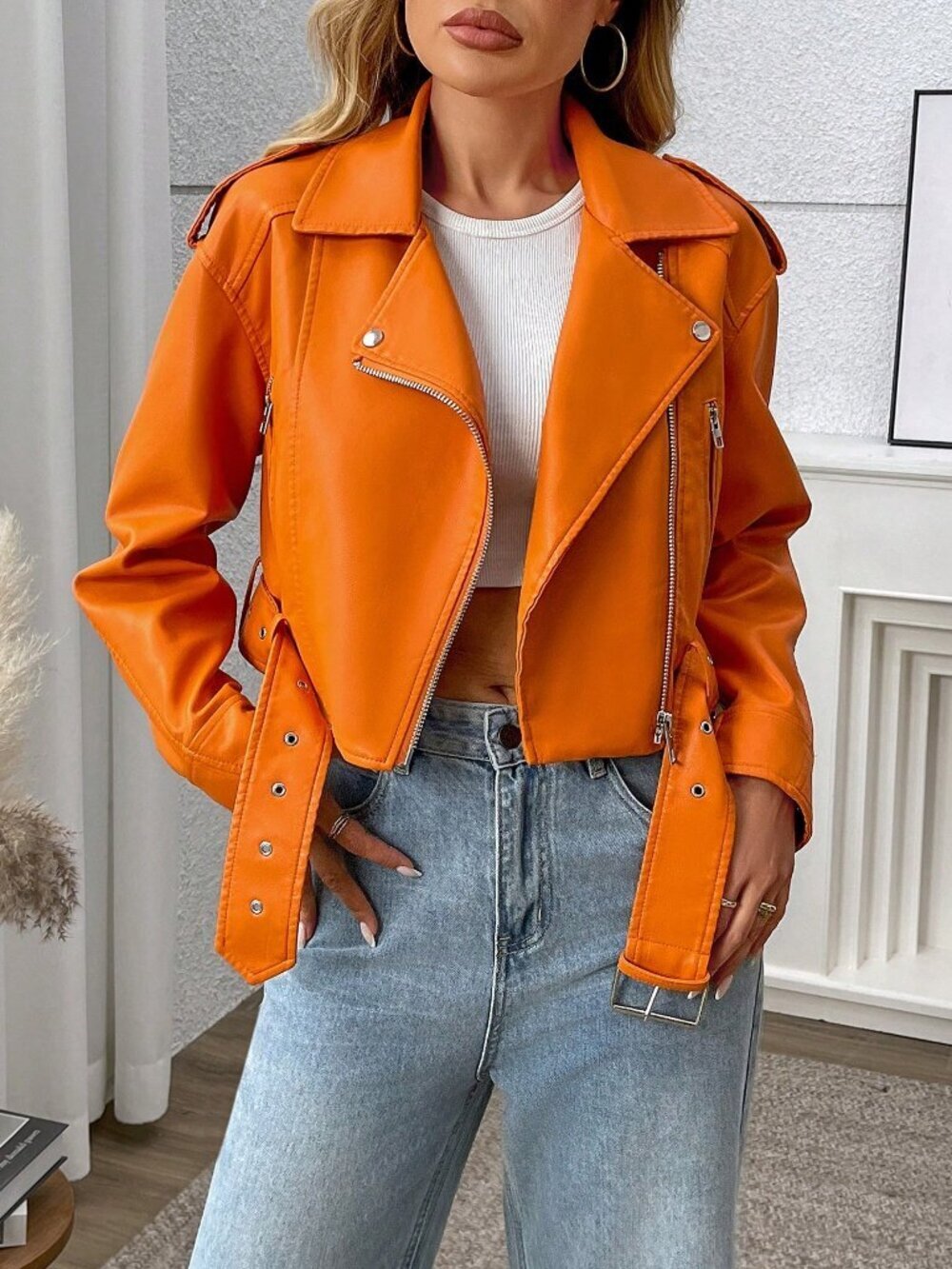 Orange Casual Women's Minimalist Zip-Up faux leather moto Short Jacket